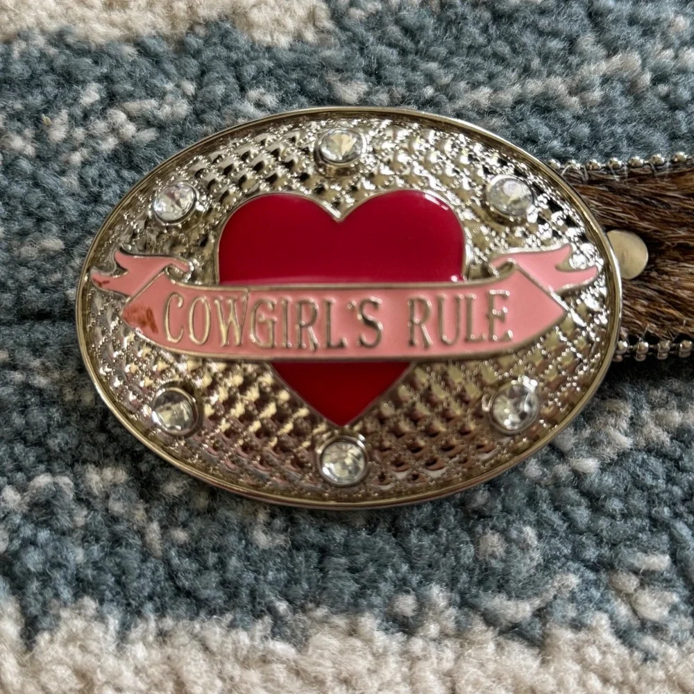 Nocona Cowgirls Rule Leather Belt Rhinestone Hair on Hide Brown Size 22